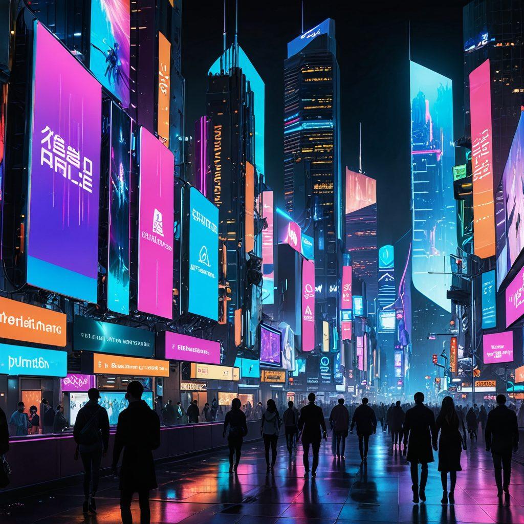 A futuristic city skyline with digital billboards displaying various insurance options, people interacting with holographic interfaces, a blend of technology and human connection. Bright colors depicting optimism and innovation, with subtle elements of insurance such as policy documents and digital contracts floating in the air. modern, vibrant, cyberpunk style.