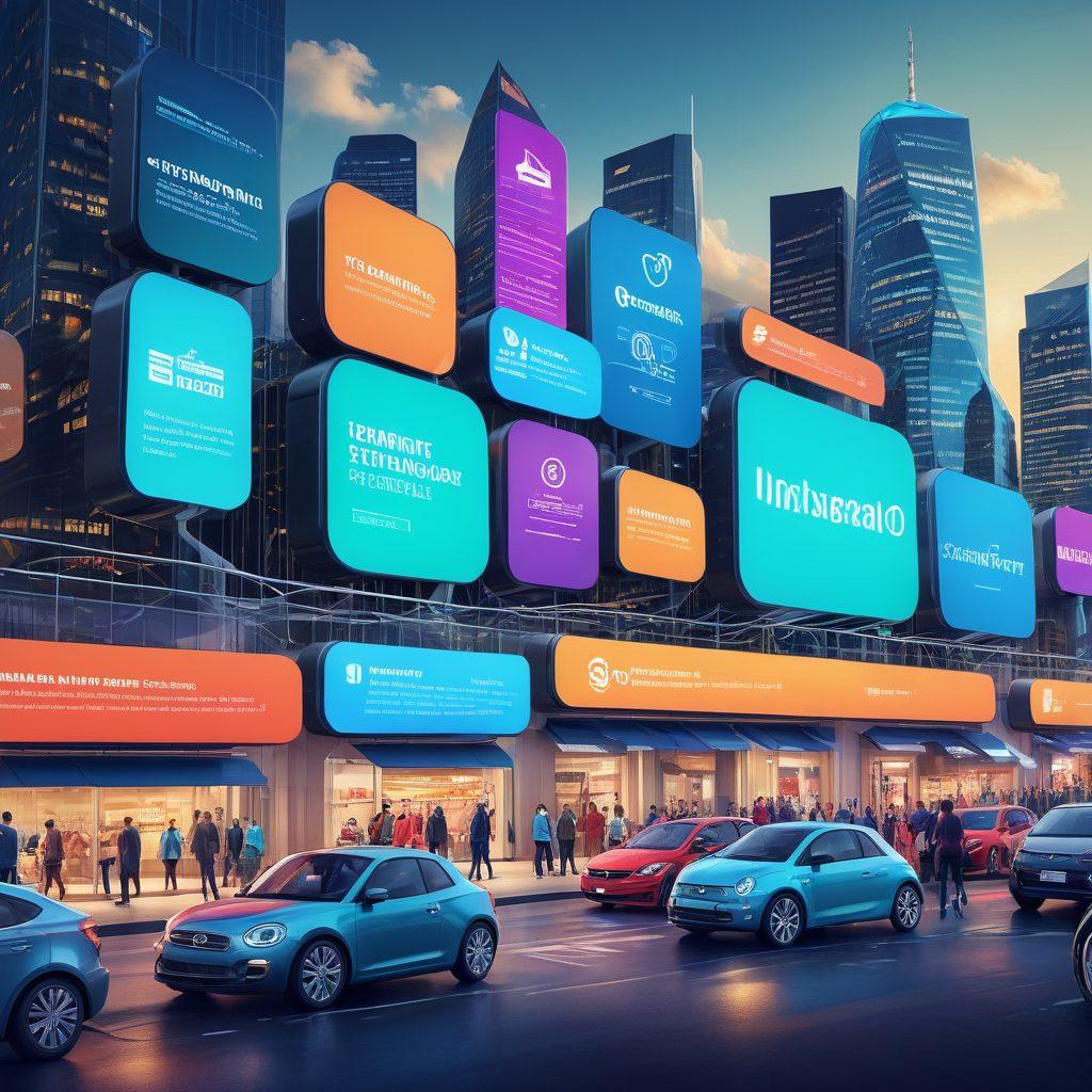A digital marketplace scene depicting a diverse group of people engaging with various insurance products on screens, showcasing vibrant quotes and claims in speech bubbles. Illustrate a city skyline in the background to symbolize growth and opportunity, with an emphasis on technology and accessibility. Include icons of insurance types like home, health, and auto intertwined in a futuristic layout. super-realistic. vibrant colors. 3D.
