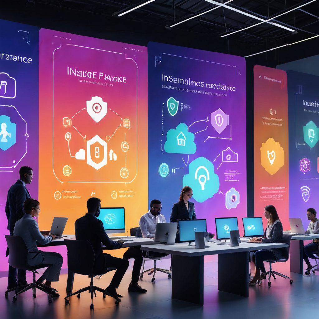 A sleek, modern digital landscape showcasing a diverse group of people engaging with their insurance plans on various devices like laptops and smartphones. In the background, an abstract representation of data and security symbols, illustrating trust and safety in online transactions. Bright and inviting colors to highlight the transition to a new era of insurance. super-realistic. vibrant colors. 3D.